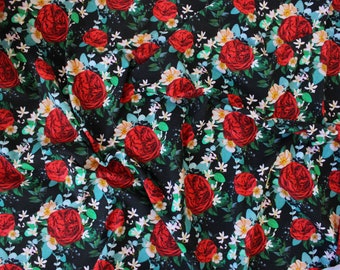 1/2 YD Red Black Multi Floral Organic Cotton Jersey Spandex