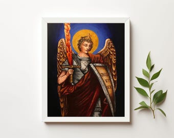 Pode incluir: Uma pintura de um anjo com asas douradas, segurando uma espada e um escudo. O anjo está vestindo armadura e uma túnica vermelha. O fundo é azul escuro com uma auréola amarela atrás da cabeça do anjo. O escudo tem o texto "QUIS UT DEUS" escrito nele.