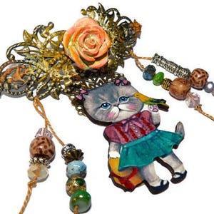 Pince à cheveux Bohème Chat-barrette filigrane ethnique métal bronze et patiné-jaune-kokeshi-accessoires coiffure-pièce unique image 2