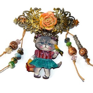 Pince à cheveux Bohème Chat-barrette filigrane ethnique métal bronze et patiné-jaune-kokeshi-accessoires coiffure-pièce unique image 1