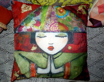 Kokeshi-Housse de coussin Japonisante-geisha- cushion cover-coussin décoratif-Tableau-lin-Art