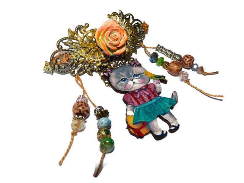 Pince à cheveux Bohème Chat-barrette filigrane ethnique métal bronze et patiné-jaune-kokeshi-accessoires coiffure-pièce unique image 2