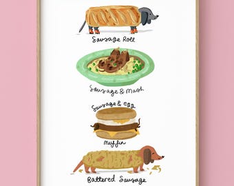 Puede incluir: Una lámina artística enmarcada que muestra cuatro ilustraciones de perros salchicha estilizados como alimentos con las etiquetas: Sausage Roll, Sausage & Mash, Sausage & Egg Muffin y Battered Sausage. El fondo es blanco y el marco es de madera clara.