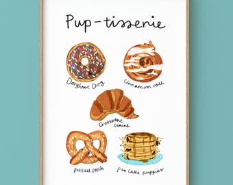Puede incluir: Una lámina enmarcada titulada Pup-tisserie con cinco ilustraciones de perros con forma de pasteles: Doughnut Dog, Cinnamon roll, Croissant canine, Pretzel pooch y Pan cake puppies, representados en tonos marrones, beige y colores vivos.