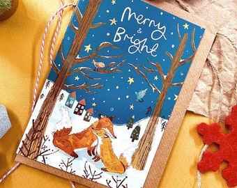 Merry and Bright, Sweet Foxes Christmas card, To the one I love, Fox couple Christmas Card, Faye Finney