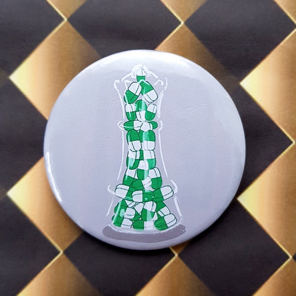 Queens Gambit Inspired Pin badge,Little Green Pills,Chess,Stocking Stuffer for Her,Stocking Stuffer For Him,Stocking filler,Faye Finney
