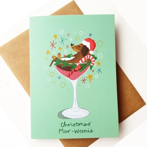 Biglietto d'auguri di Natale Mar-Weenie bassotto, 100% riciclato, bassotto, amante del bassotto, cane salsiccia, regalo bassotto, carta cane, Faye Finney