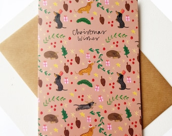 Dachshund Cottage Core Christmas Card singluar/5 Pack, Dachshund Card, Sausage dog card, Dachshund Lover, Sausage dog, Dachshund gift, Dog