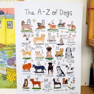 Dogs Alphabet Print - A-Z Illustrated Dog Breeds Chart, Educational Art & Nursery Decor for Kids Bedroom