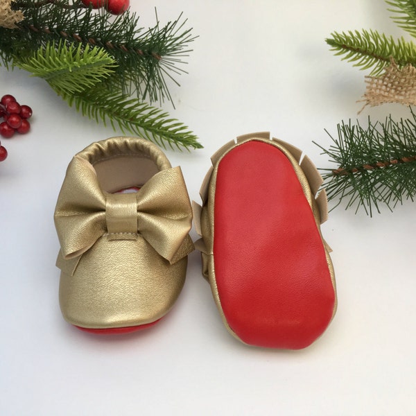 gold baby shoes, gold baby moccs, red bottom baby shoes, gold moccasins, non slip baby shoes, baby girl shoes, stay on baby shoes, newborn