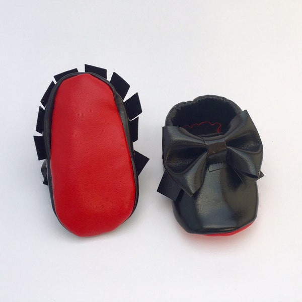 Black baby shoes, black baby moccs, red bottom baby shoes, black moccasins, non slip baby shoes, baby girl shoes, newborn shoes, moccs