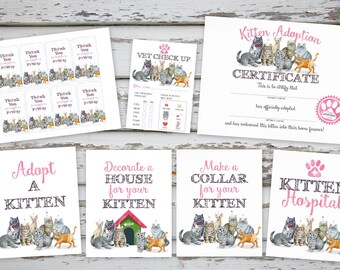 Kitten Party Pack Adoption Certificate, Adopt a kitten sign, Make a collar sign, Decorate a house sign, Kitten Hospital sign, Vet Check-up