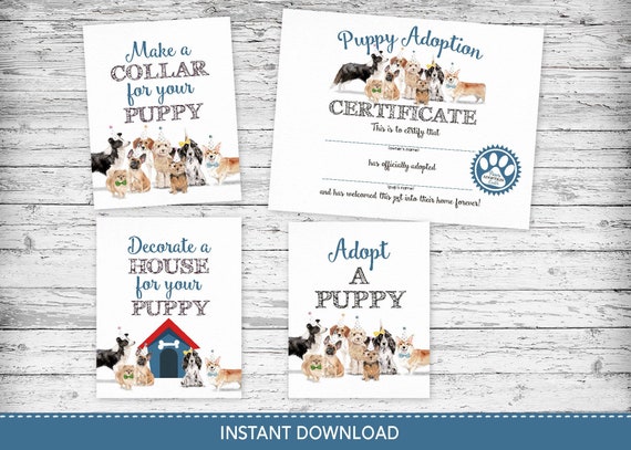 Puppy Party Pack Adoption Certificate, Adopt a puppy sign, Make a collar sign, Decorate a house sign, Blue Dog party, Dog Party for boy Il_570xn