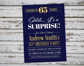 Surprise party invitation, Surprise Birthday, Navy and gold invitation, Surprise ANY AGE Invite, Navy blue invitation, 65th 50th 60th 40th