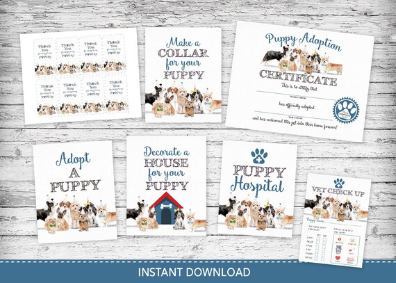 Puppy Party Pack Adoption Certificate, Adopt a puppy sign, Make a collar  sign, Decorate a house sign, Blue Dog party, Dog Party for boy by Yolli  Printables | Catch My Party