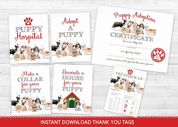 Red Puppy Party Pack Adoption Certificate, Adopt a puppy sign, Make a collar sign, Decorate a house sign, Puppy Hospital sign, Vet Check-up Il_570xn