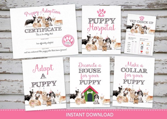 Puppy Party Pack Adoption Certificate, Adopt a puppy sign, Make a collar sign, Decorate a house sign, Puppy Hospital sign, Vet Check-up Il_570xn