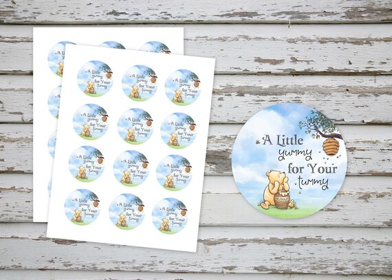 A Little Yummy for your tummy Cupcake Toppers, Classic Winnie The Pooh Favor Tags, Mini Jar Tags, Cupcake Toppers, Classic Pooh Baby Shower Il_570xn