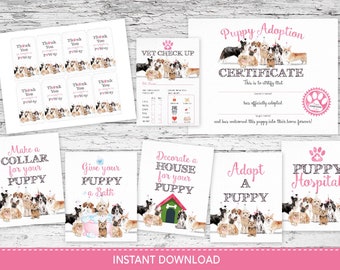 Puppy Party Pack Adoption Certificate, Adopt a puppy sign, Make a collar sign, Decorate a house sign, Puppy Hospital sign, Vet Check-up