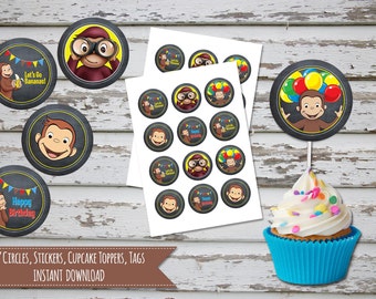 Curious George Cupcake Toppers Curious George Party Supplies Curious George Cake Topper  Curious George Favor Tags INSTANT DOWNLOAD