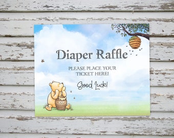 Winnie Pooh Baby Shower, Classic Winnie The Pooh Diaper Raffle Sign, Winnie Pooh Diaper Raffle Sign, Baby Shower INSTANT DOWNLOAD