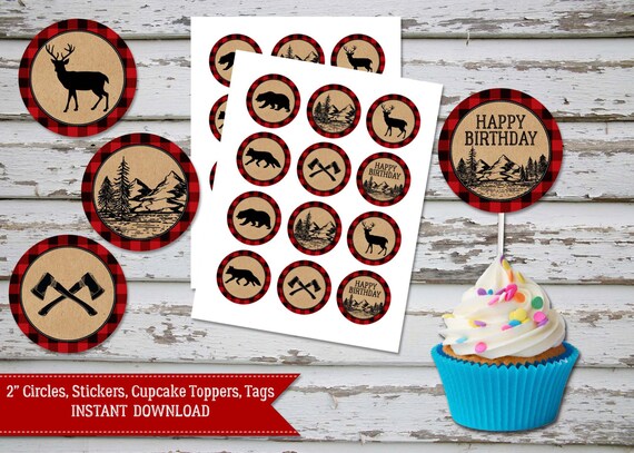 Lumberjack Cupcake Toppers, Red Plaid Lumberjack Birthday, Red Plaid Lumberjack 2in Circles, Plaid Lumberjack Favor Tags INSTANT DOWNLOAD Il_570xn