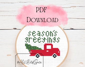 Christmas Red Truck Cross Stitch Pattern: Vintage Season&#39;s Greetings (PDF Pattern)