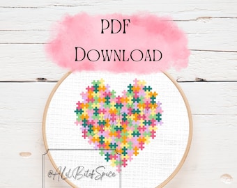 Puzzle Piece Heart Cross Stitch Pattern: Autism Awareness DIY (PDF Pattern)
