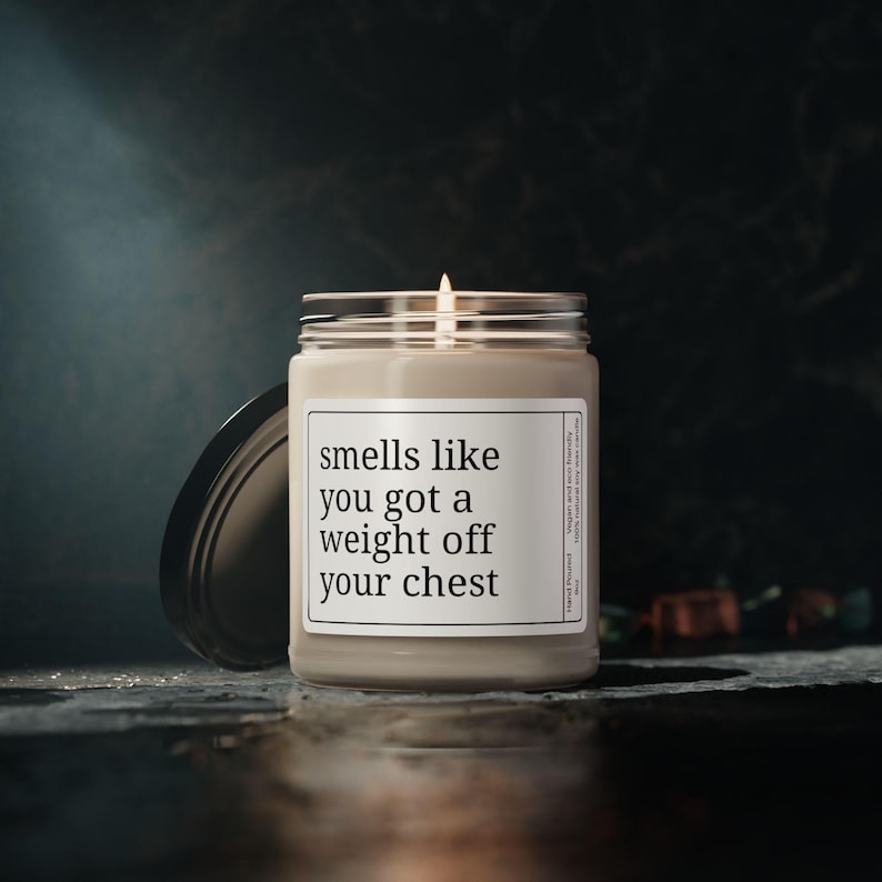 top surgery candle gift for trans man recovery care package, smells like you got a weight off your chest
