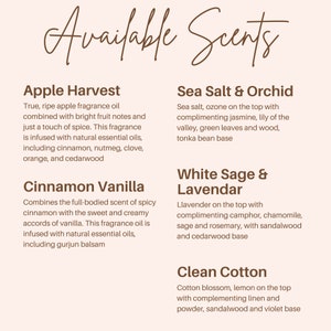 May include: A list of available scents for candles or diffusers. The scents include Apple Harvest, Cinnamon Vanilla, Sea Salt & Orchid, White Sage & Lavender, and Clean Cotton.