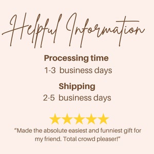 May include: Helpful Information text with a brown background. Processing time is 1-3 business days. Shipping time is 2-5 business days. Five yellow stars are displayed below the text. A customer review reads "Made the absolute easiest and funniest gift for my friend. Total crowd pleaser!"