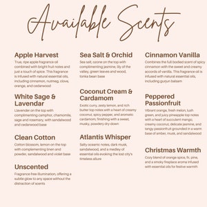 Puede incluir: Una lista de aromas disponibles para velas o difusores. Los aromas se dividen en categor&iacute;as: Cosecha de Manzana, Salvia Blanca y Lavanda, Algod&oacute;n Limpio, Sin Aroma, Sal Marina y Orqu&iacute;dea, Crema de Coco y Cardamomo, Susurro de Atlantis, Canela Vainilla, Maracuy&aacute; Picante y Calidez Navide&ntilde;a.