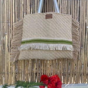 Handbag, straw beach bag, jute fringe jute bag, poppy fabric, handmade natural fiber bag, ethnic kilim bag, rope wicker bag
