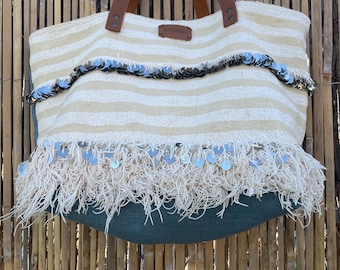 Ethnic handbag with leather handle, embroidered tote bag, Berber kilim handira tote bag, handmade bag, boho hippie bag, recycled bag