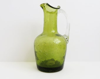 Retro Mini Pitcher Crackle Glass Pitcher Vintage Olive Green Crackle Glass Pitcher With Clear Handle Vintage Collectible Glass 1970's