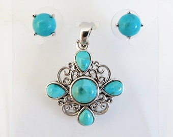 Turquoise Pendant and Earrings Set 925 Silver Vintage Earrings Vintage Pendant Southwest Jewelry Turquoise Pendant Turquoise Earrings