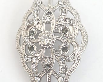Vintage Crystal Brooch Pin Silver Tone Can Be Used As A Pendant 2.5" x 1.5" Silk Scarf Brooch