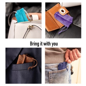 May include: A set of four images showing different ways to carry a small pouch. The pouch is made of brown suede and has a drawstring closure. The images show the pouch being carried in a purse, a wallet, a jacket pocket, and a back pocket of jeans. The text "Bring it with you" is displayed in the center of the image.