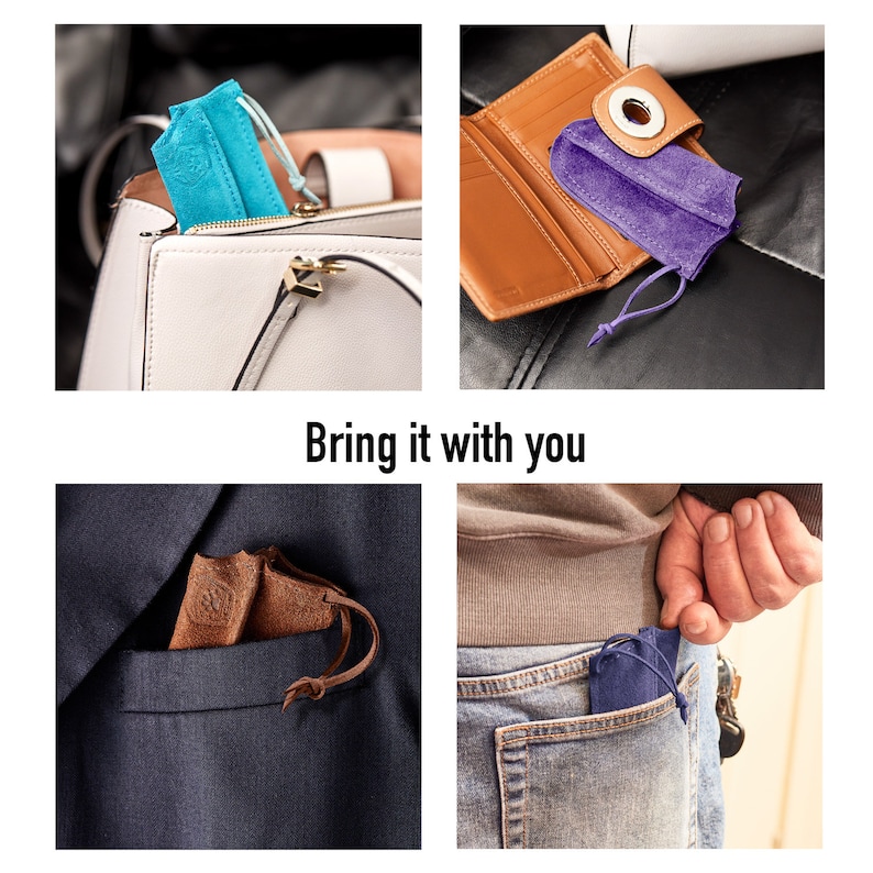 May include: A set of four images showing different ways to carry a small pouch. The pouch is made of brown suede and has a drawstring closure. The images show the pouch being carried in a purse, a wallet, a jacket pocket, and a back pocket of jeans. The text "Bring it with you" is displayed in the center of the image.