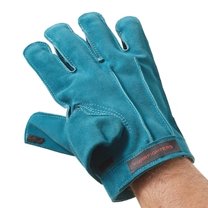 K&ouml;nnte beinhalten: Tealblaue Leder-Arbeitshandschuhe mit fingerlosem Design und einem schwarzen Klettverschluss. Die Handschuhe haben den Text "FURRFIGHTERS" in Rot auf dem Riemen.
