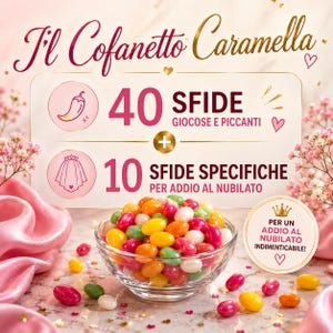May include: A glass bowl of colourful jelly beans. The image includes Italian text, such as "Il Cofanetto Caramella" and details about challenges. Pink flowers and satin fabric are in the background.