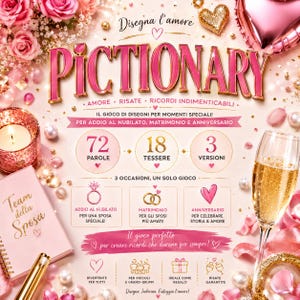 以下が含まれることがあります： 結婚式やブライダルシャワー用のピンクとゴールドのピクショナリーゲームセット。画像にはゲームのタイトル、テキスト、イラスト、シャンパングラス、花、真珠が表示されています。ゲームには72の単語、18のカード、3つのバージョンが含まれています。