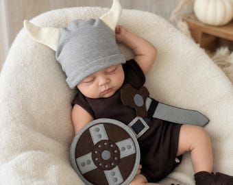 Handmade Baby Viking Costume: Halloween Outfit with Hat, shoes & Felt Sword and Shield props