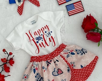 4th of July Baby Outfit: Patriotic Onesie, Skirt & Headband