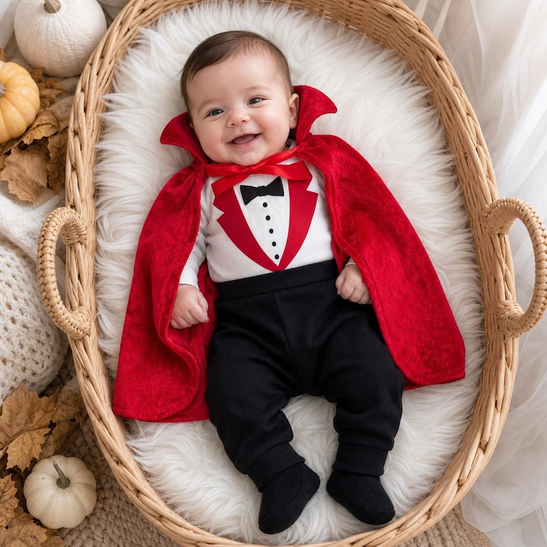May include: A baby outfit consisting of a white long-sleeve shirt with a printed red tuxedo vest and black bow tie, paired with solid black pants and matching black booties. A vibrant red velvet cape with a high collar is worn over the outfit.