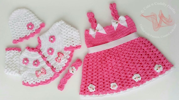 Crochet Baby Outfit Pattern: Dress, Cardigan, Hat, Headband (PDF Download)