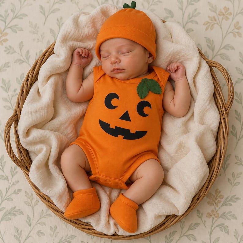 May include: A baby wearing an orange sleeveless bodysuit with a black jack-o'-lantern face print and a green leaf accent on the chest, paired with a matching orange beanie hat and orange booties, resting inside a woven basket with a white cloth.