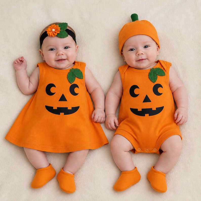 May include: Two infants wearing orange pumpkin-themed outfits. One wears a sleeveless dress with a black jack-o'-lantern face and a matching headband with an orange flower. The other wears a sleeveless romper with a matching face and a pumpkin hat.