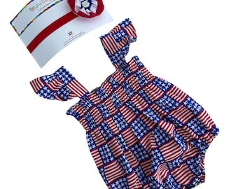 4th of July Romper Girl, 4th of July Baby Romper Set, Stars and Stripes baby Outfit, Patriotic Independence Day Outfit, Baby Military Outfit