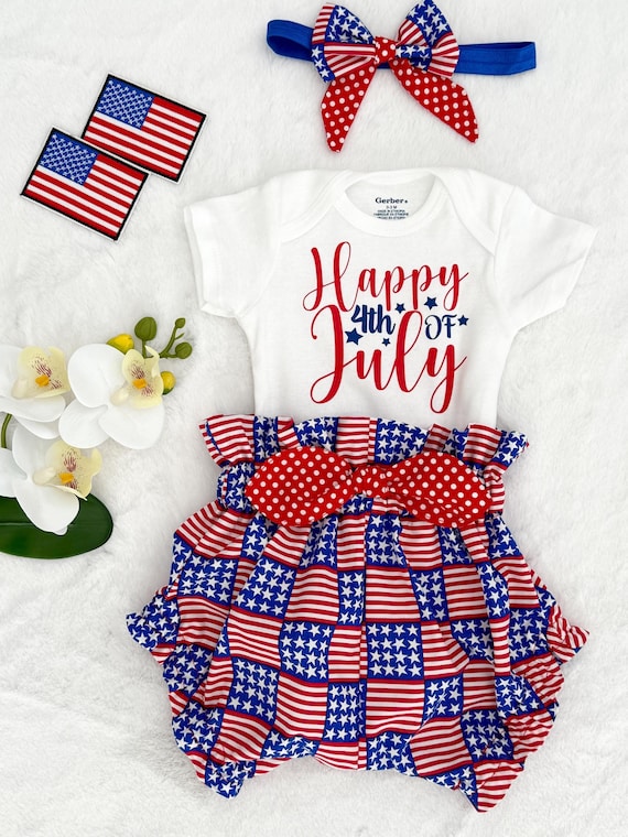 4th of July Baby Outfit: Patriotic Onesie, Bloomers Headband